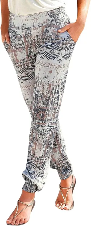 Casual Women's High Waist Printed Pants Loose Easy Trousers Boho Summer Beach Pants with Pockets