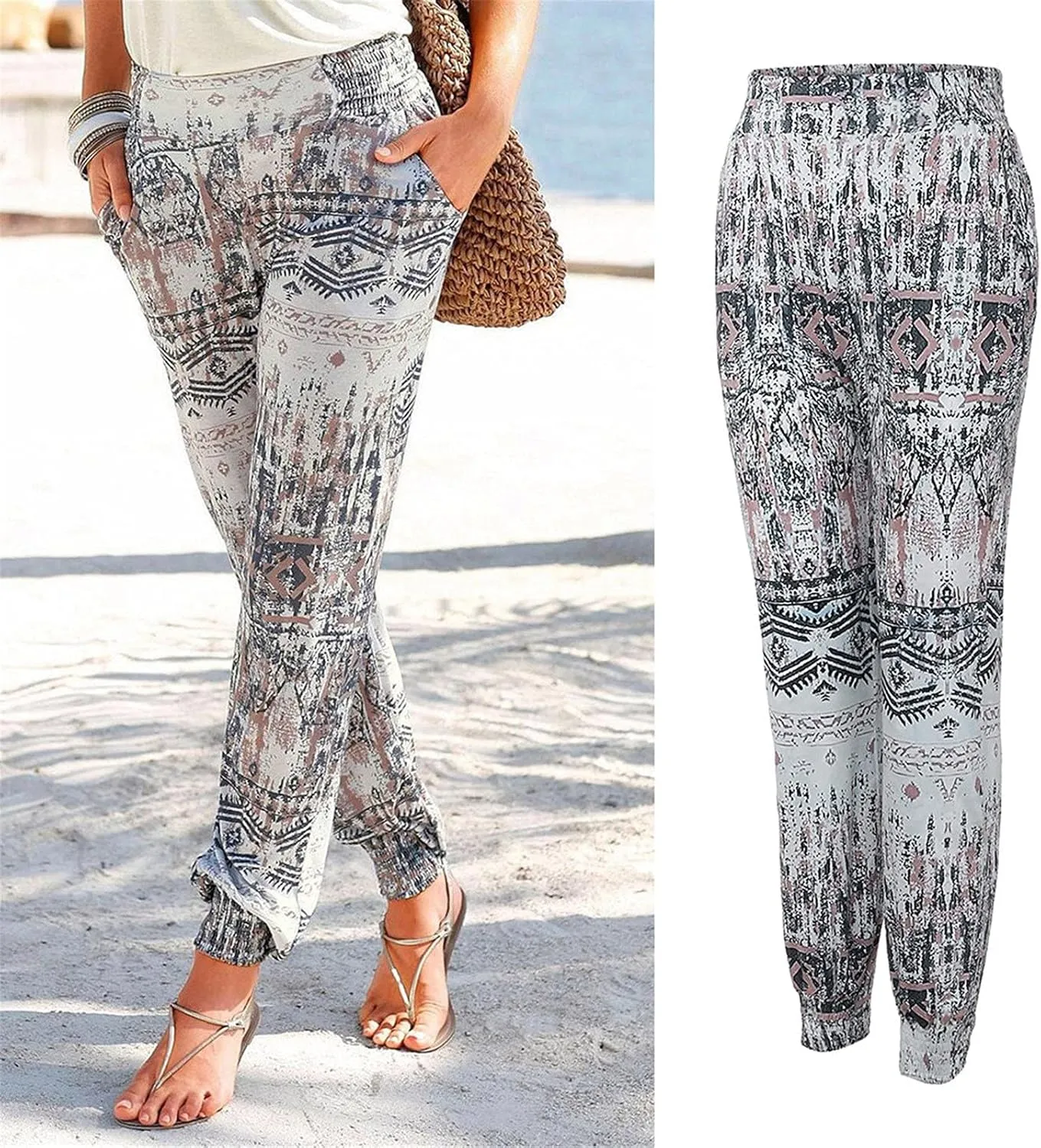 Casual Women's High Waist Printed Pants Loose Easy Trousers Boho Summer Beach Pants with Pockets