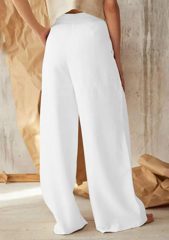 chouyatou Women's Summer High Waisted Cotton Linen Palazzo Wide Leg Casual Pants with Pockets