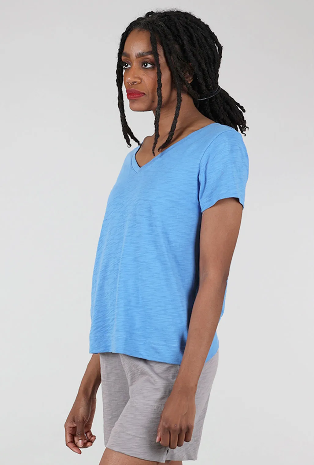 Cotton Slub V-Neck Tee, Marina Blue
