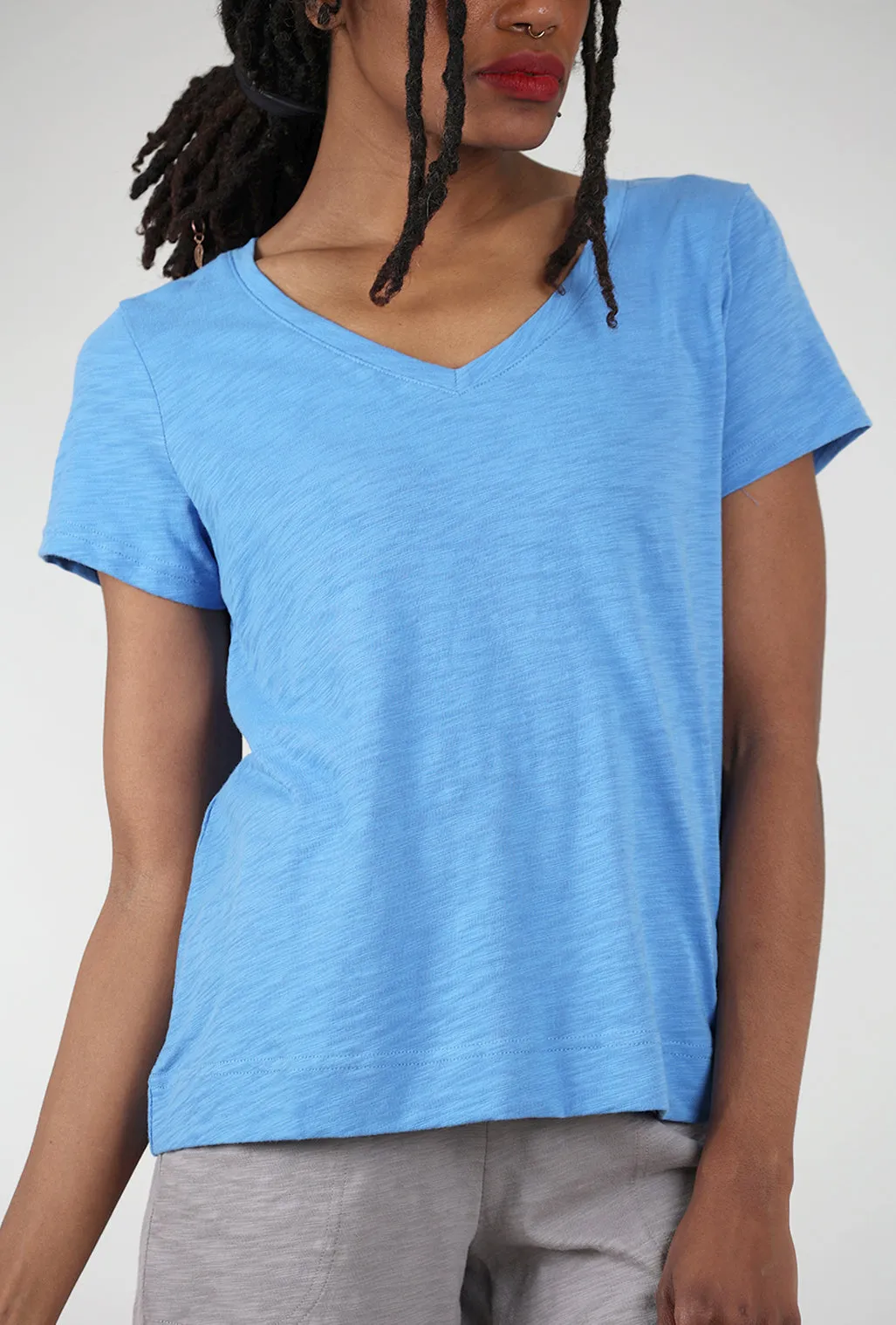 Cotton Slub V-Neck Tee, Marina Blue