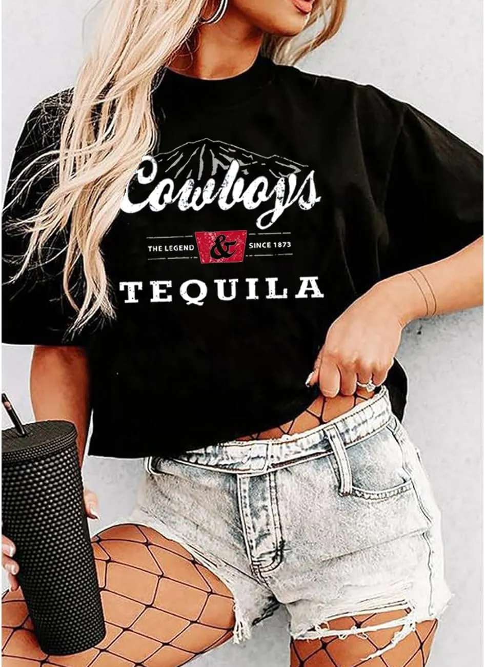 Country Music Cowboy Crop T Shirt Women Vintage Concert Tees Funny Western Rodeo Graphic Short Sleeve Tops Shirt