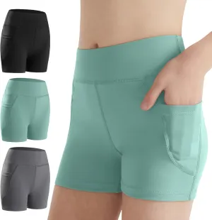 DIPUG Girls Volleyball Shorts 3 Pack with Pockets Kids High Waist Biker Shorts for Dance Yoga Cheer Gymnastics