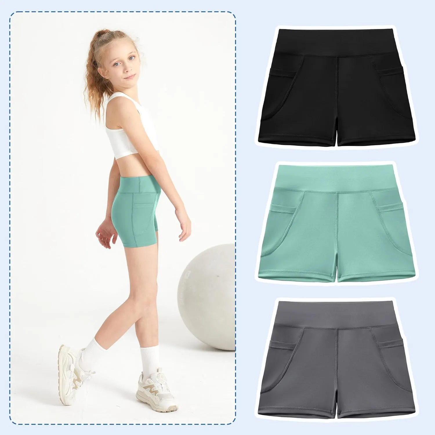 DIPUG Girls Volleyball Shorts 3 Pack with Pockets Kids High Waist Biker Shorts for Dance Yoga Cheer Gymnastics