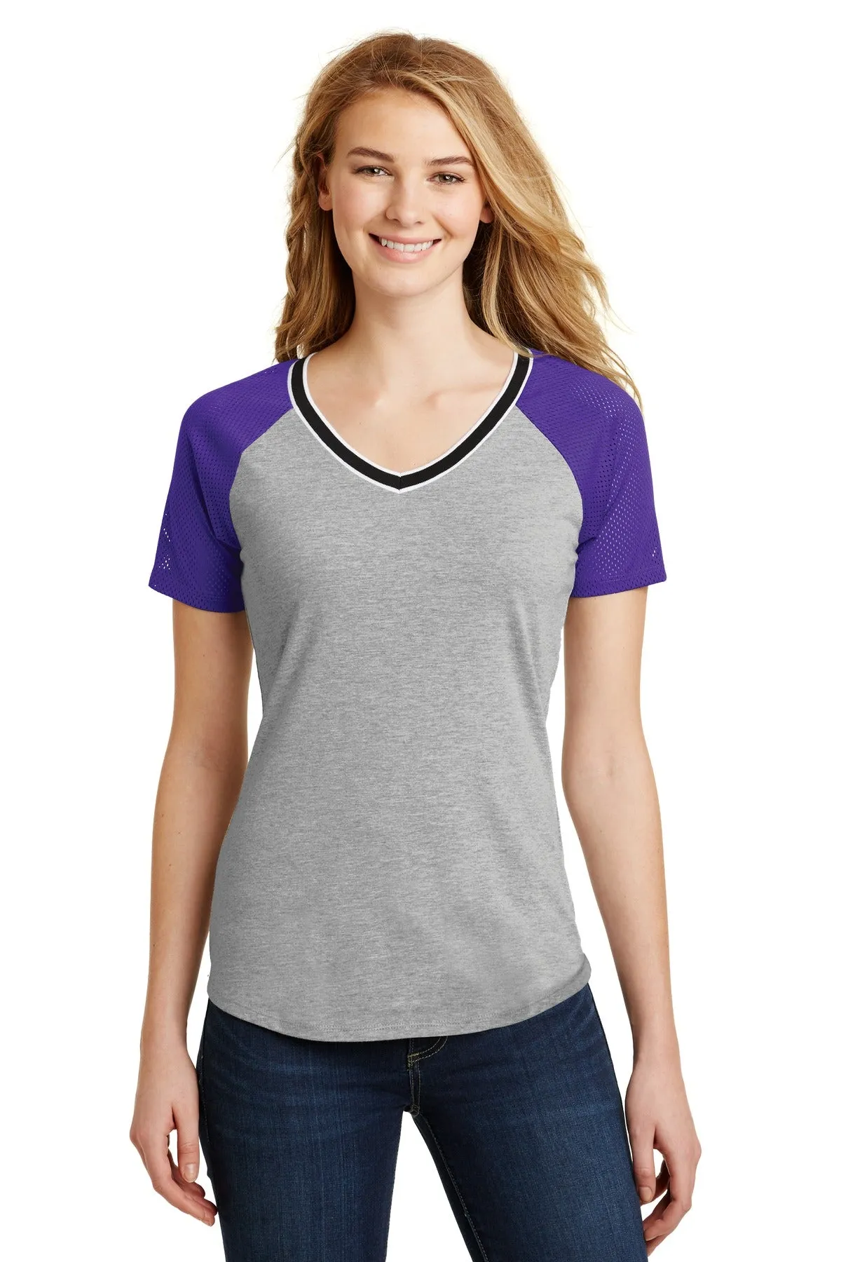 District Juniors Mesh Sleeve V-Neck Tee. DT276