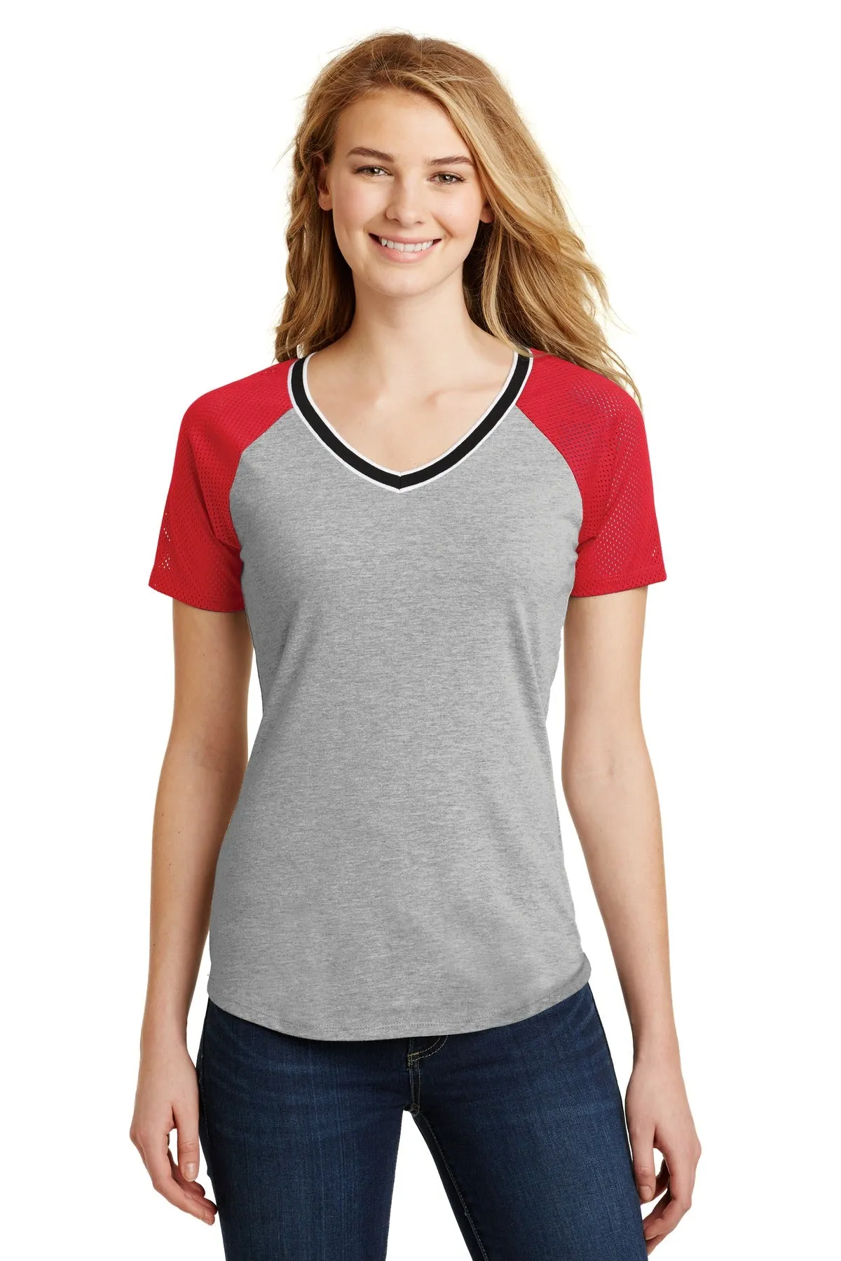 District Juniors Mesh Sleeve V-Neck Tee. DT276