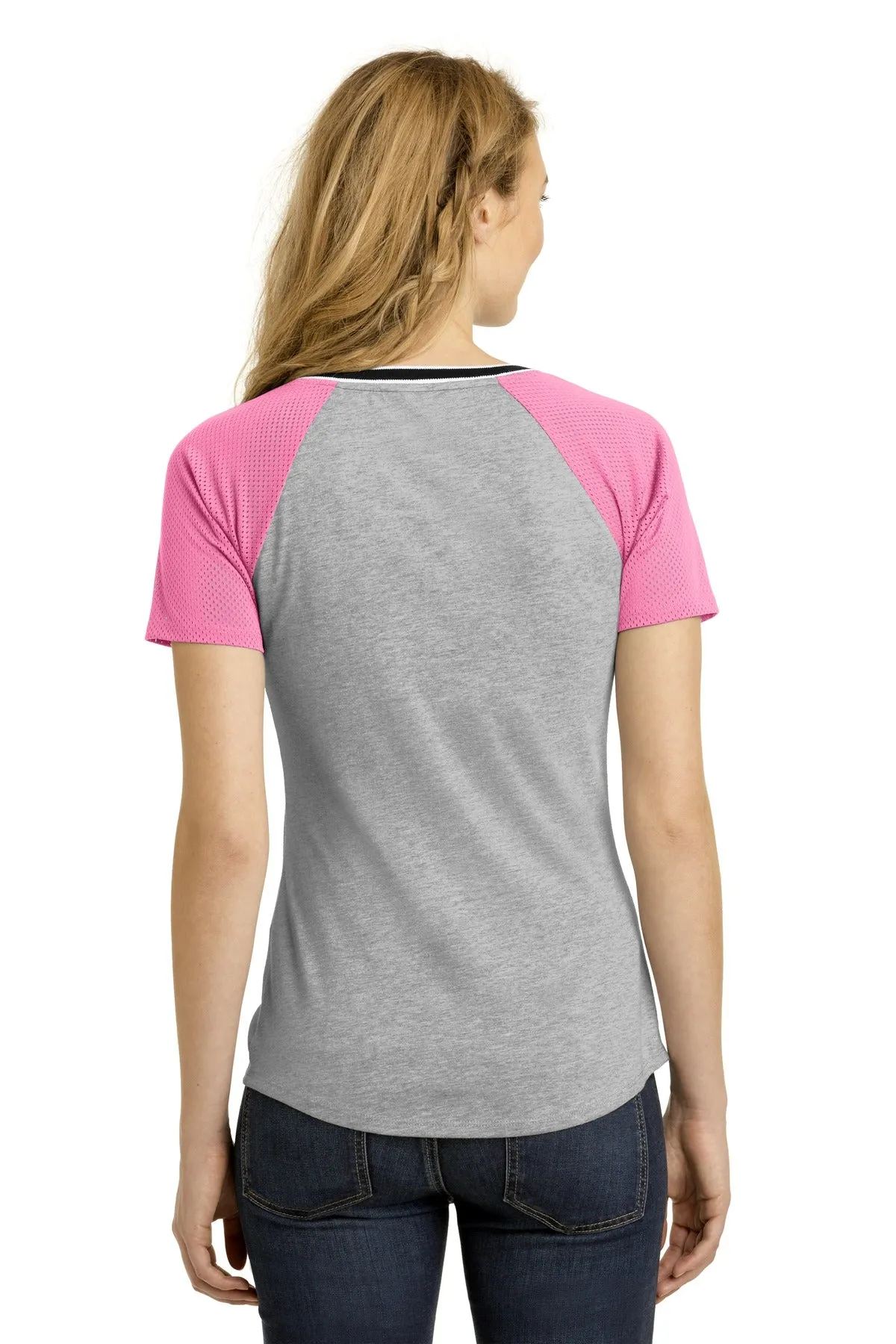 District Juniors Mesh Sleeve V-Neck Tee. DT276