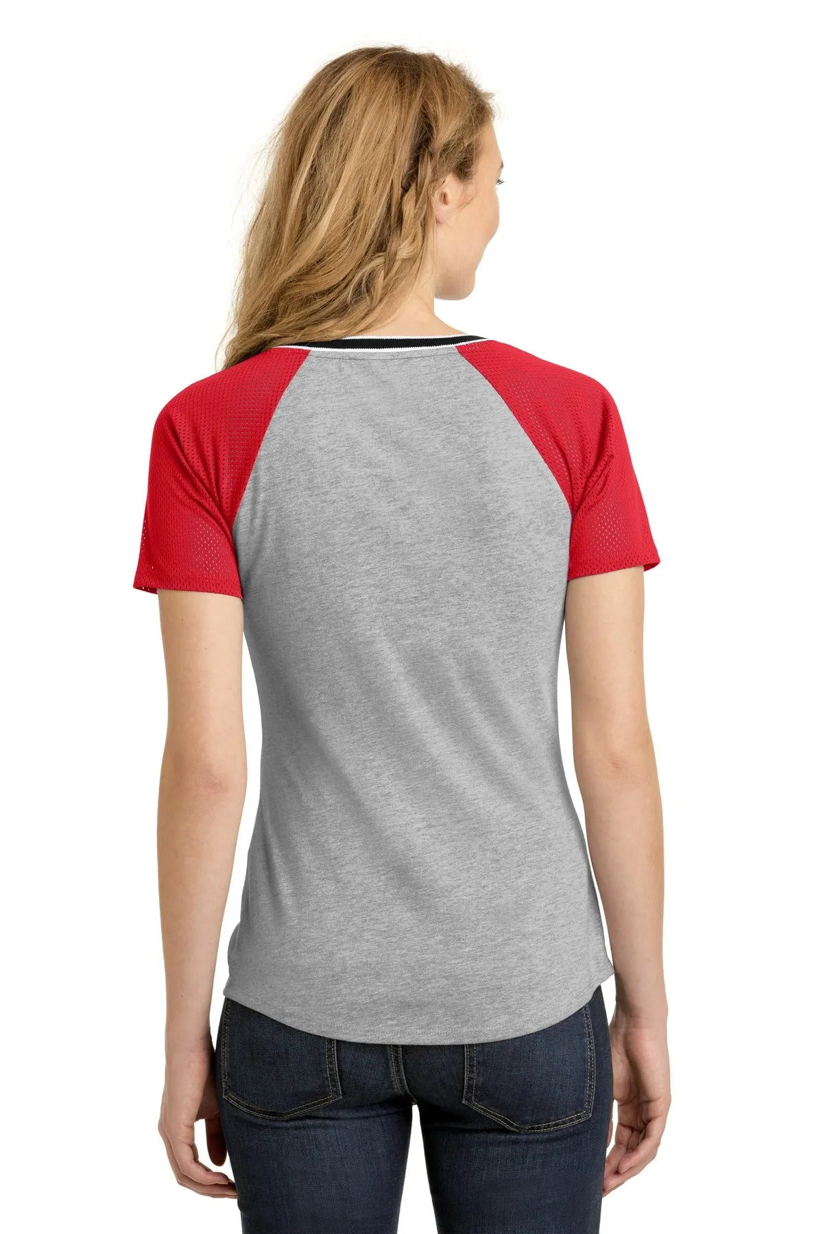 District Juniors Mesh Sleeve V-Neck Tee. DT276