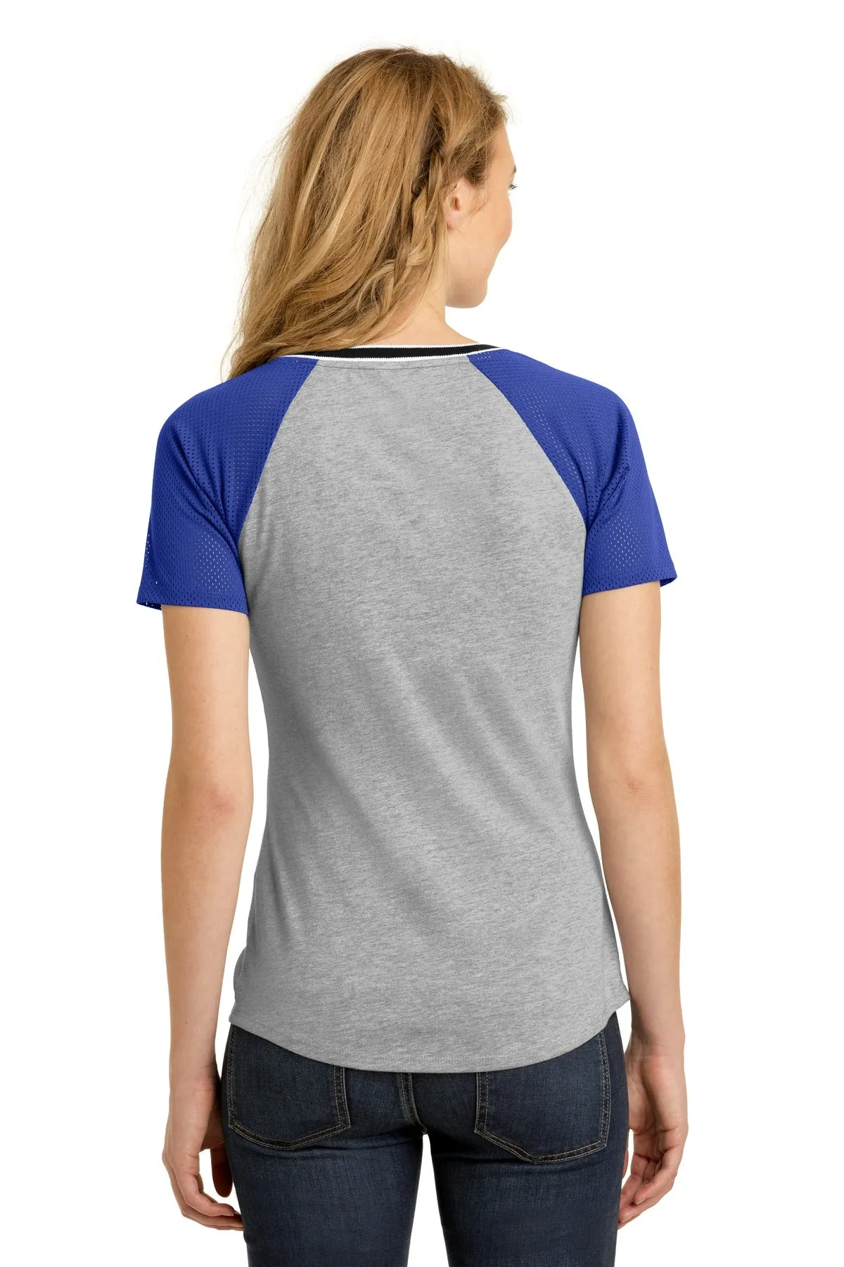 District Juniors Mesh Sleeve V-Neck Tee. DT276