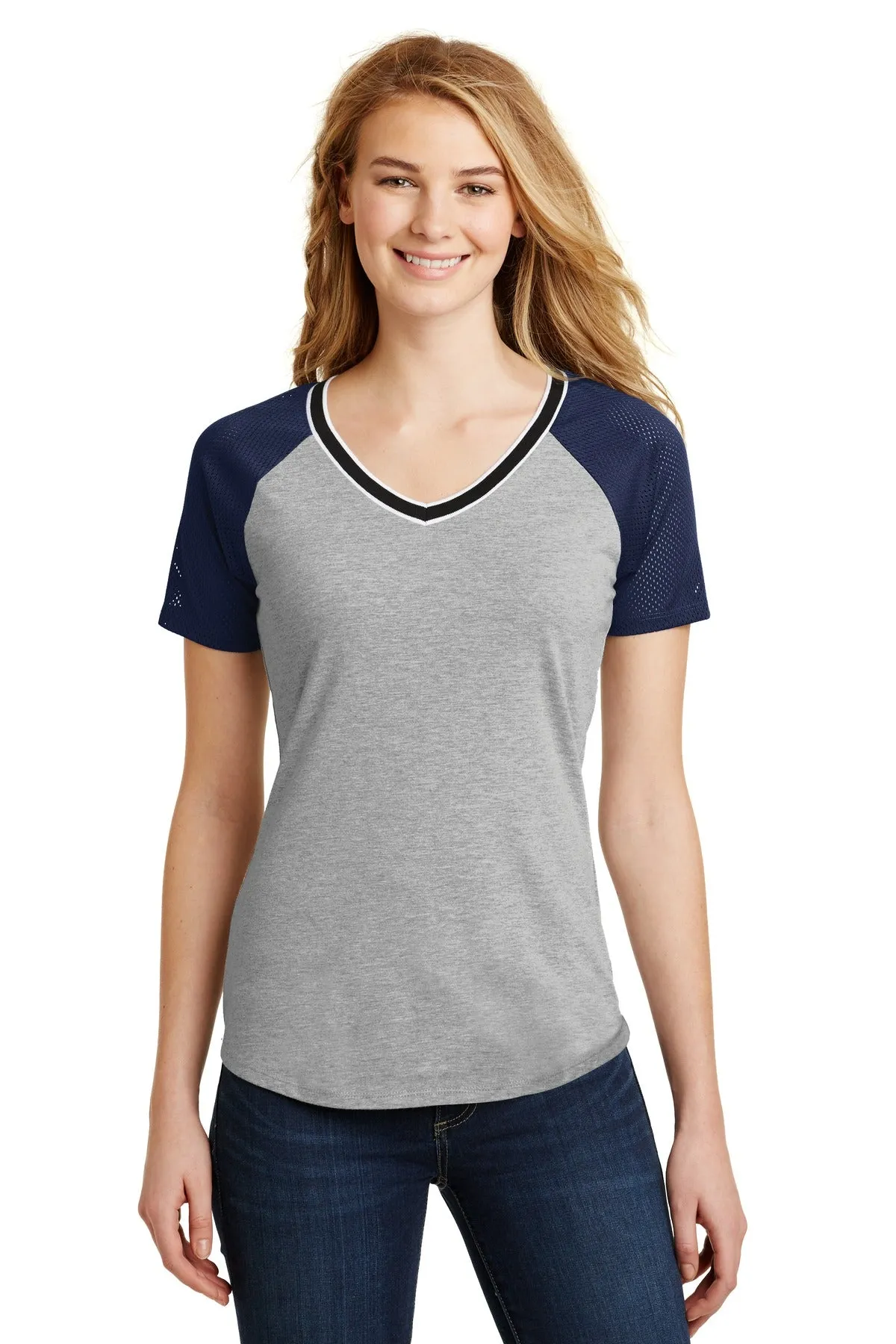 District Juniors Mesh Sleeve V-Neck Tee. DT276