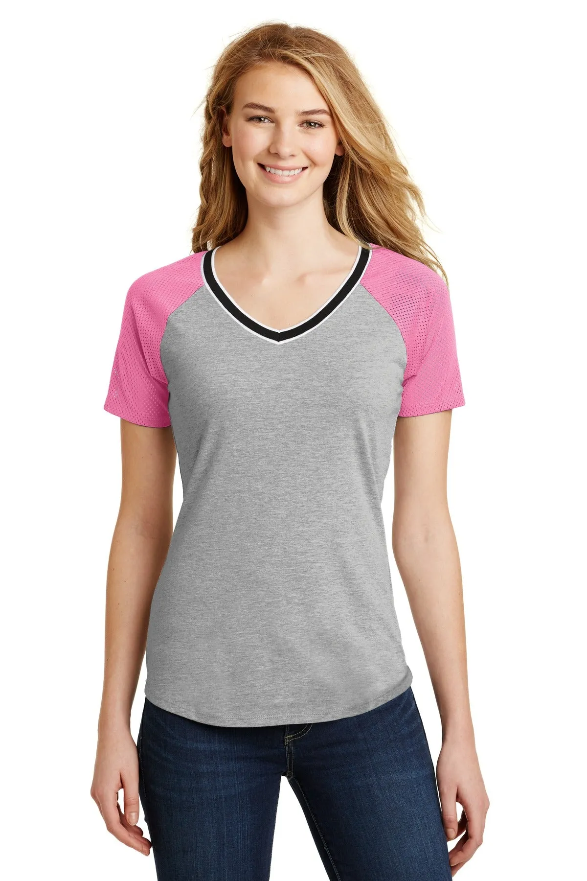District Juniors Mesh Sleeve V-Neck Tee. DT276