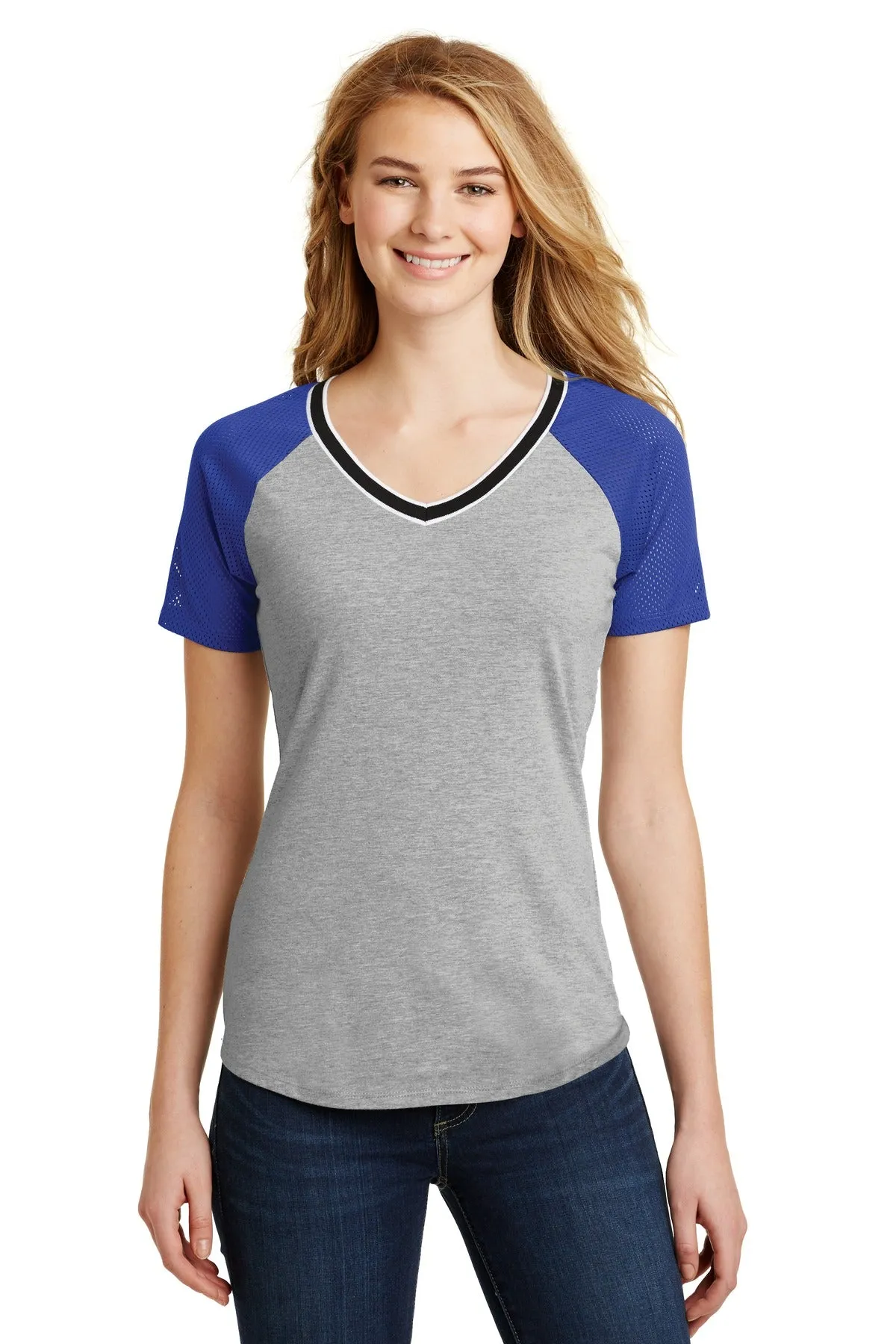District Juniors Mesh Sleeve V-Neck Tee. DT276