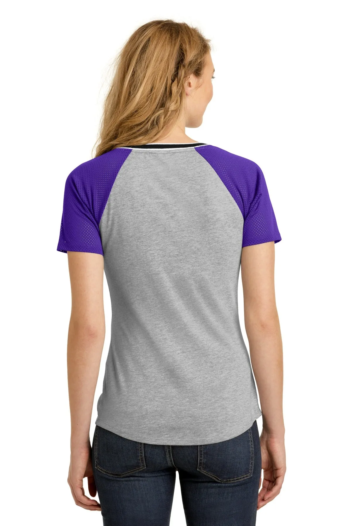 District Juniors Mesh Sleeve V-Neck Tee. DT276