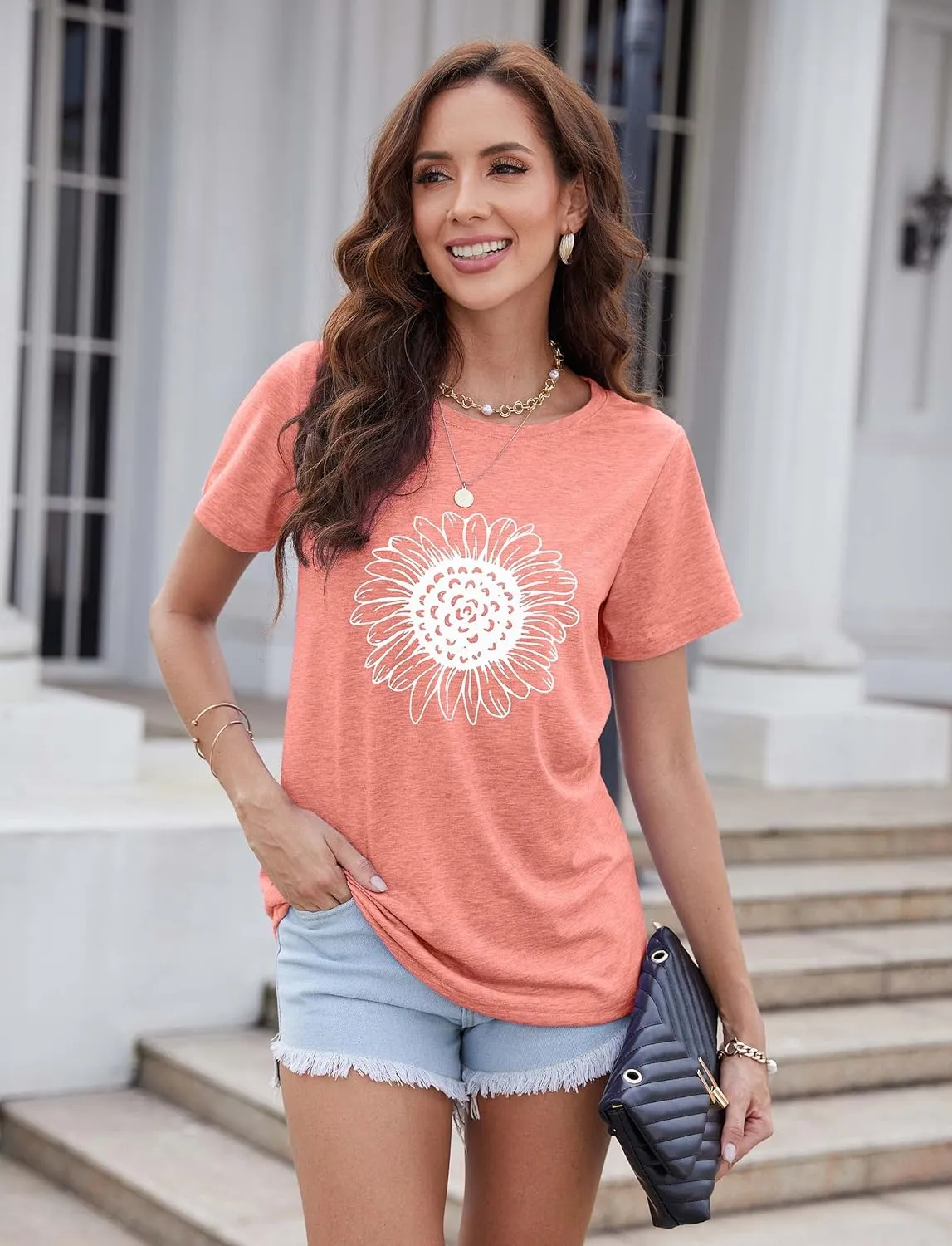 EADINVE Women's Summer Short Sleeve Cute Sunflower Graphic Printed Tee Vintage T Shirt Cotton Tops Novelty Cool Shirts