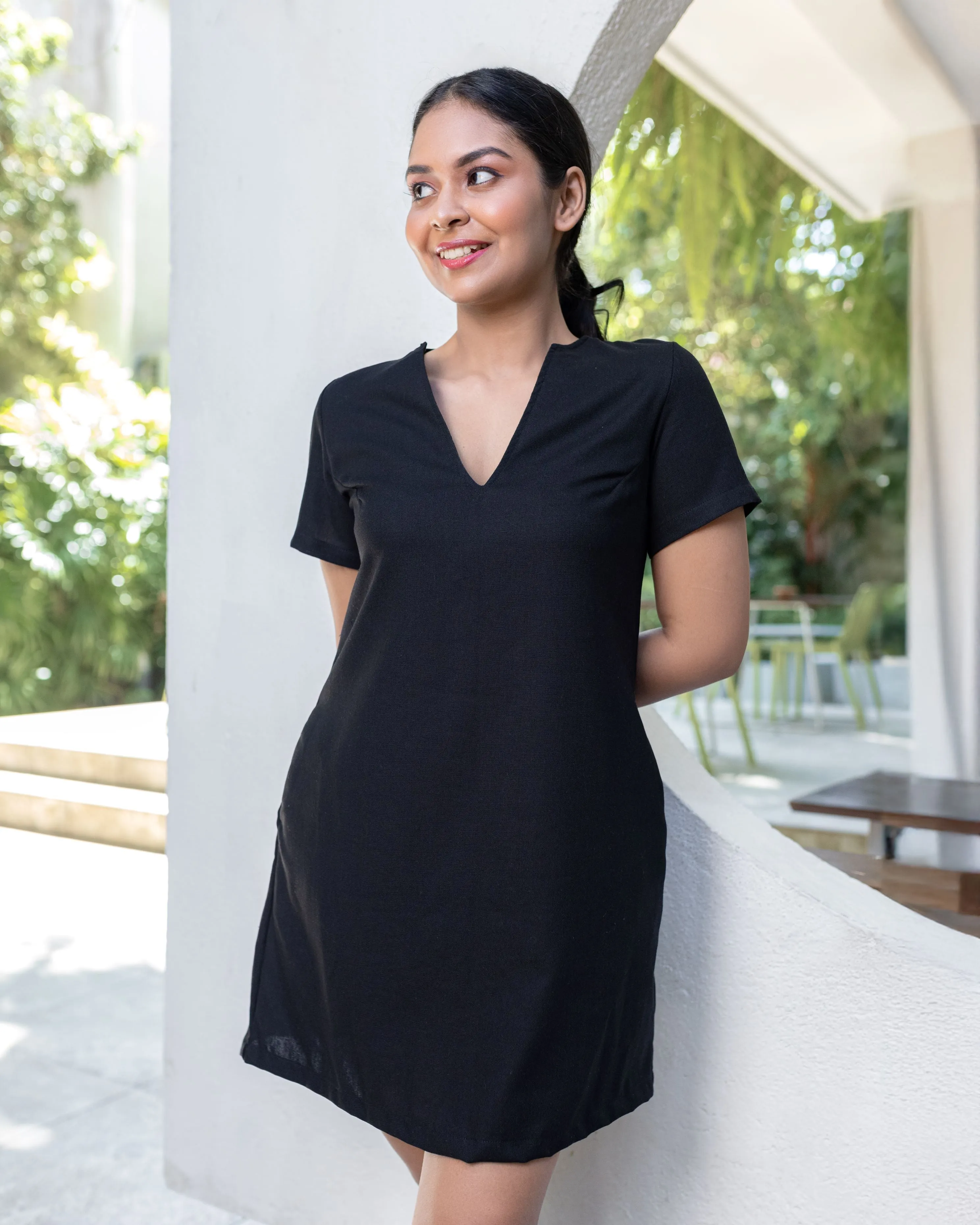 Emma Linen Workwear Mini Dress - Black