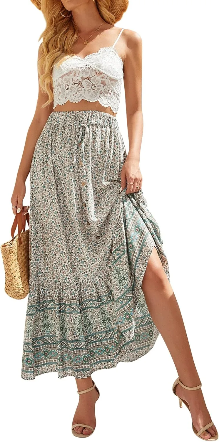 Ezcosplay Women Floral Elastic Waist Maxi Skirt Button Front Split Hem Boho Skirt