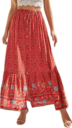 Ezcosplay Women Floral Elastic Waist Maxi Skirt Button Front Split Hem Boho Skirt