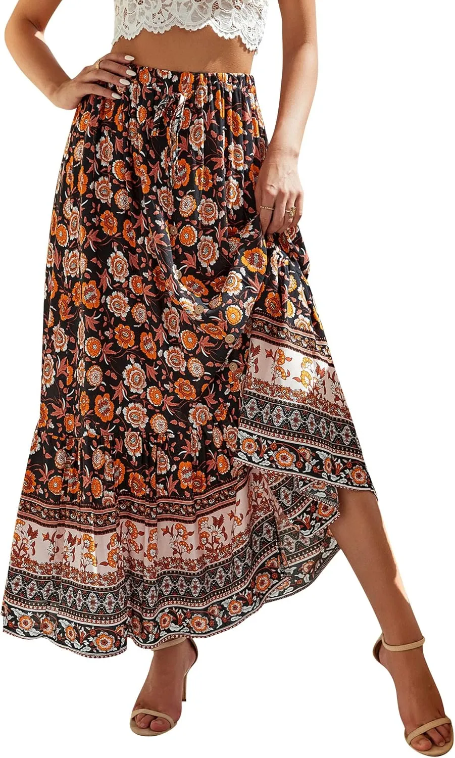 Ezcosplay Women Floral Elastic Waist Maxi Skirt Button Front Split Hem Boho Skirt