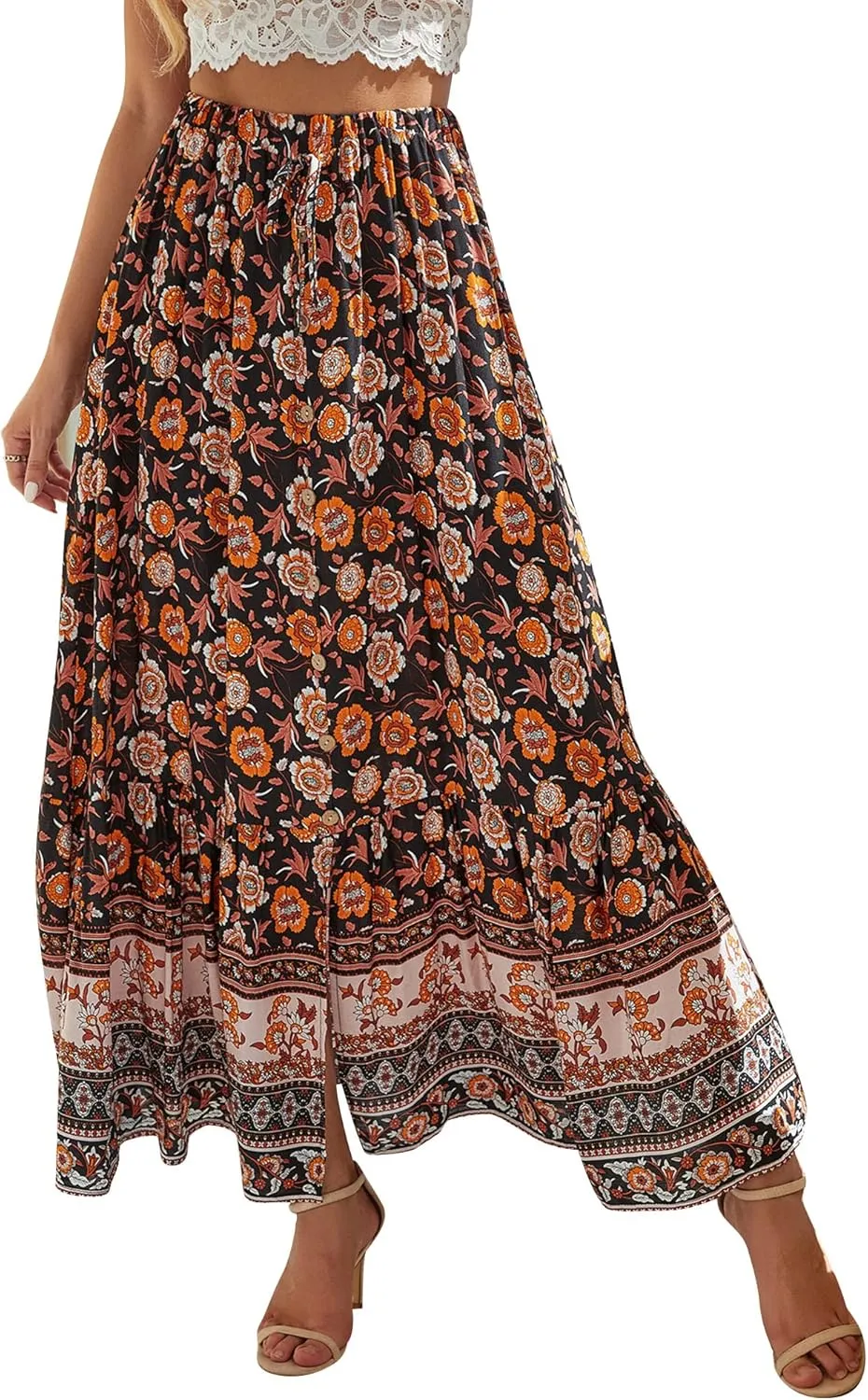 Ezcosplay Women Floral Elastic Waist Maxi Skirt Button Front Split Hem Boho Skirt