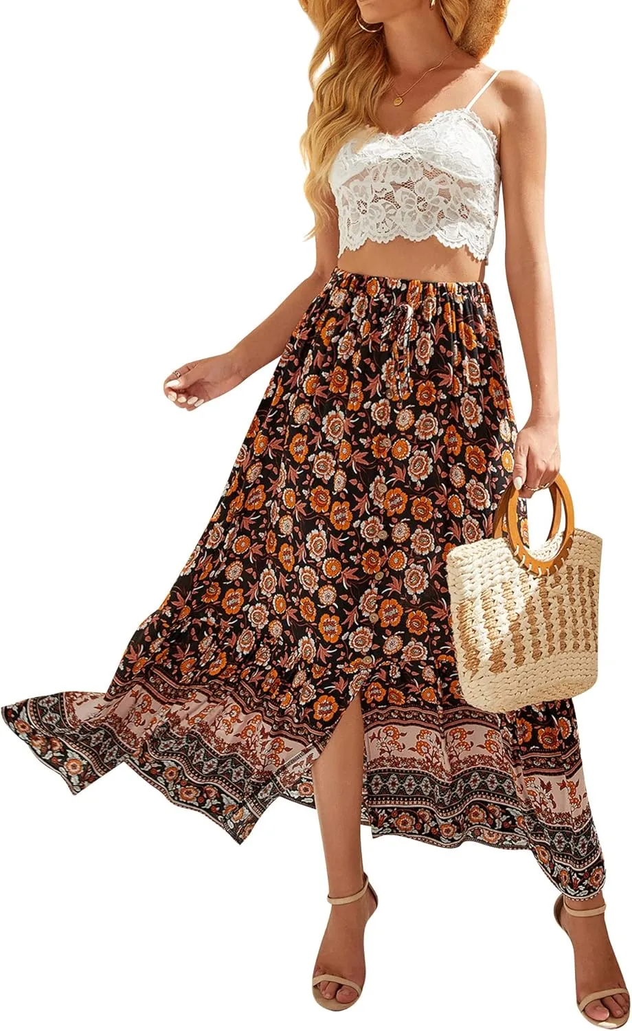 Ezcosplay Women Floral Elastic Waist Maxi Skirt Button Front Split Hem Boho Skirt