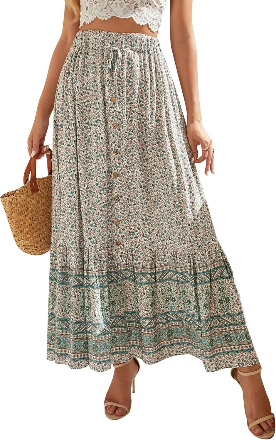 Ezcosplay Women Floral Elastic Waist Maxi Skirt Button Front Split Hem Boho Skirt