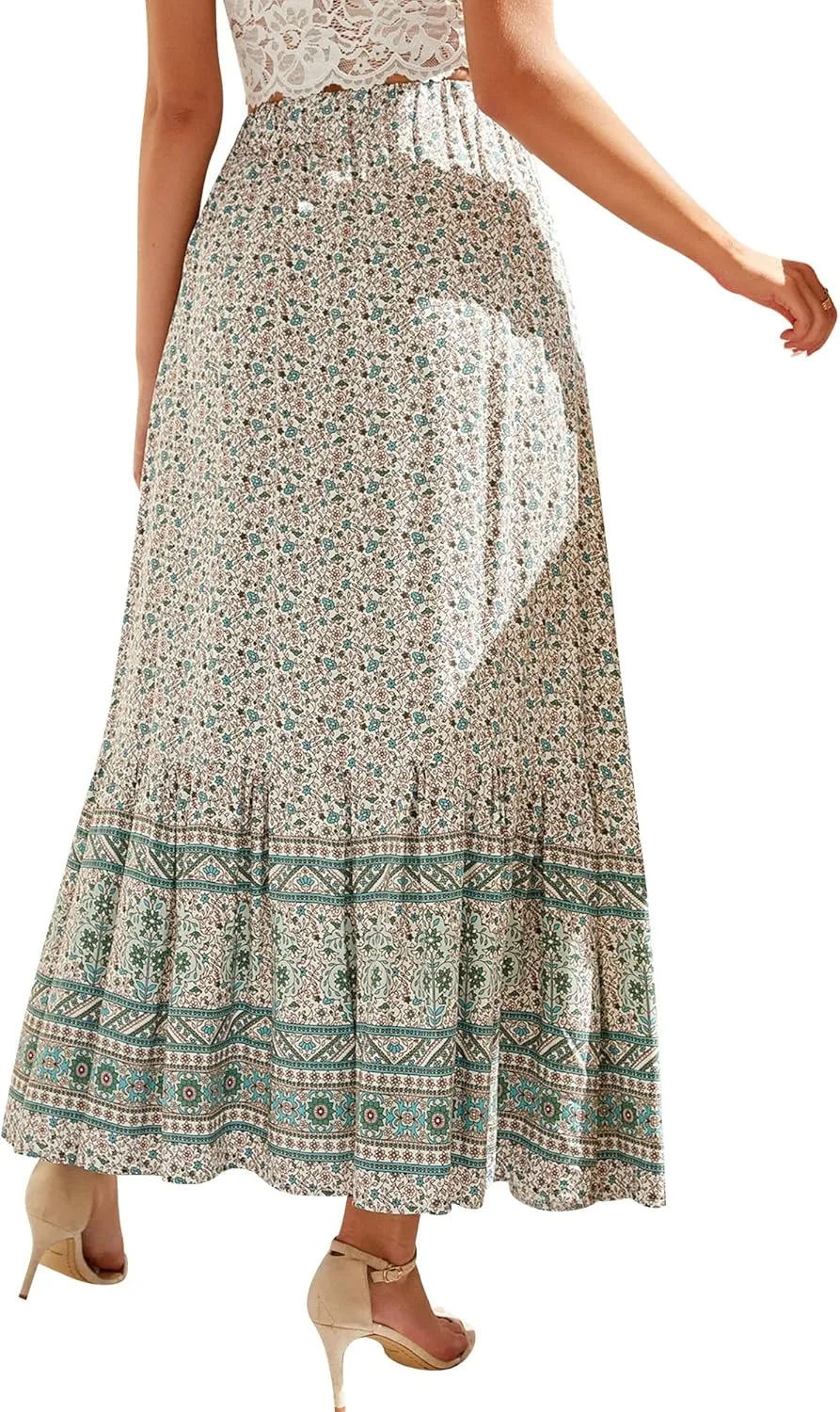 Ezcosplay Women Floral Elastic Waist Maxi Skirt Button Front Split Hem Boho Skirt