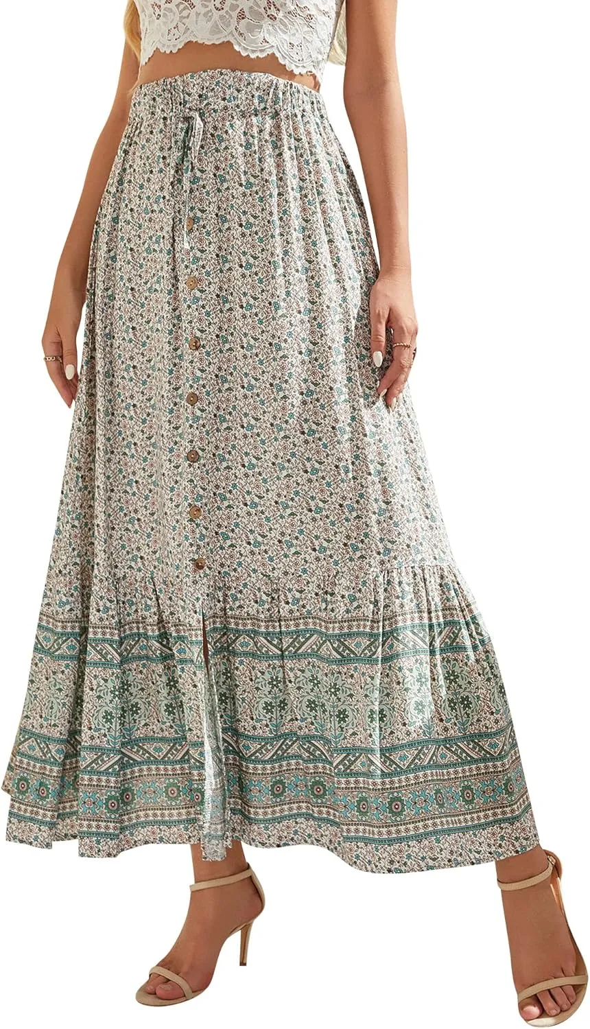 Ezcosplay Women Floral Elastic Waist Maxi Skirt Button Front Split Hem Boho Skirt