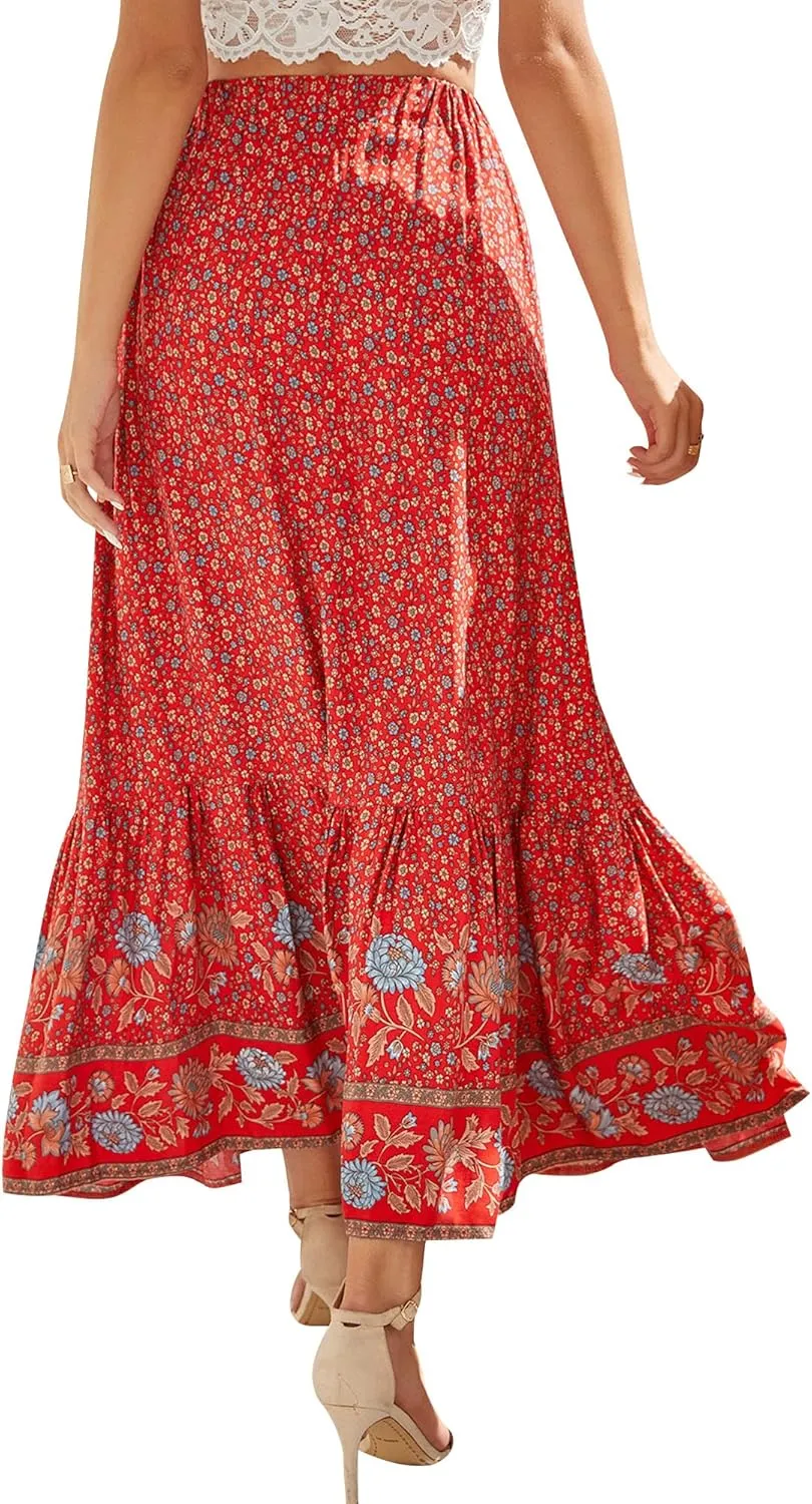 Ezcosplay Women Floral Elastic Waist Maxi Skirt Button Front Split Hem Boho Skirt