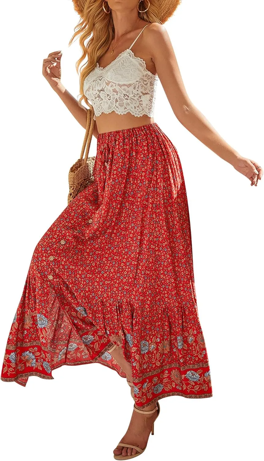 Ezcosplay Women Floral Elastic Waist Maxi Skirt Button Front Split Hem Boho Skirt