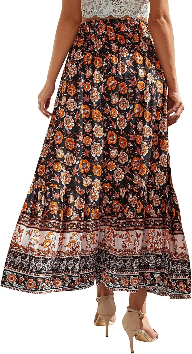 Ezcosplay Women Floral Elastic Waist Maxi Skirt Button Front Split Hem Boho Skirt