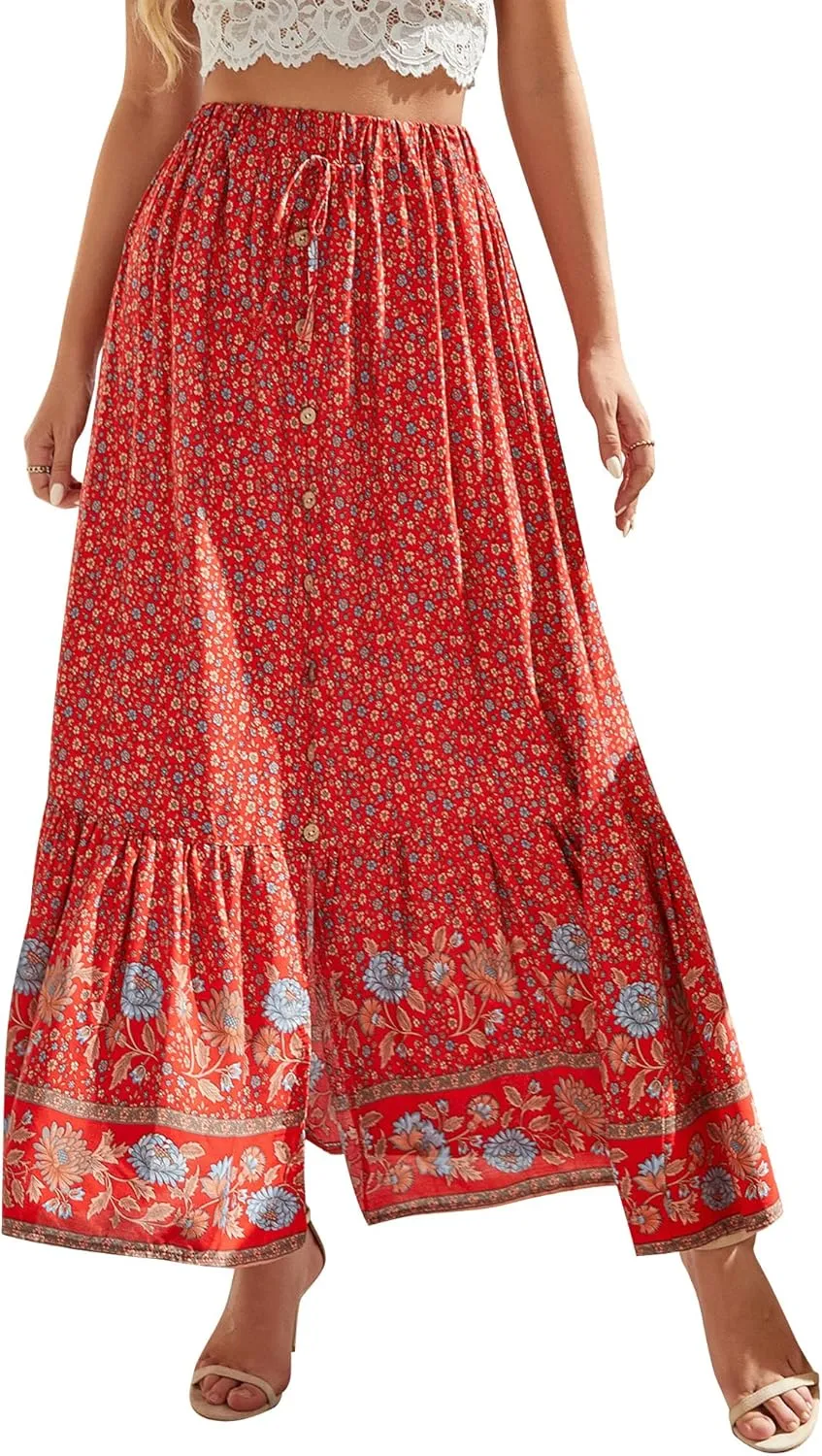 Ezcosplay Women Floral Elastic Waist Maxi Skirt Button Front Split Hem Boho Skirt