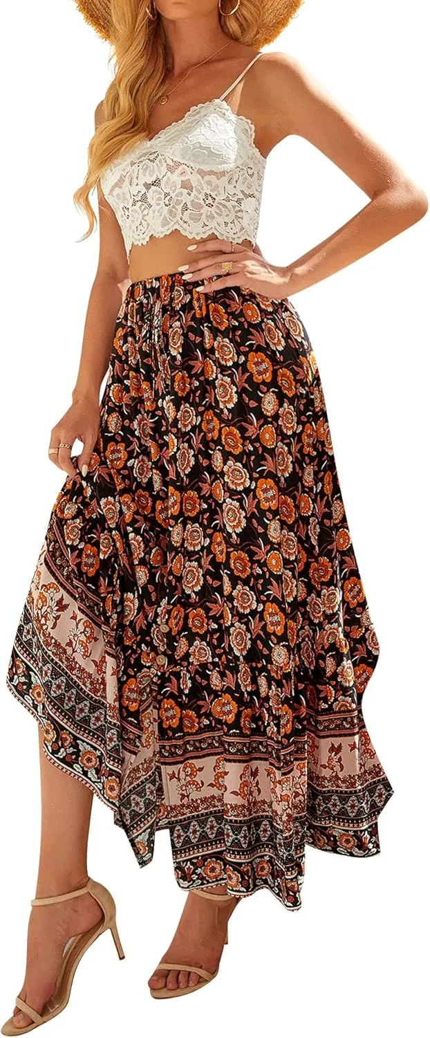 Ezcosplay Women Floral Elastic Waist Maxi Skirt Button Front Split Hem Boho Skirt