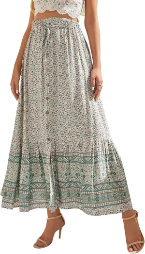 Ezcosplay Women Floral Elastic Waist Maxi Skirt Button Front Split Hem Boho Skirt