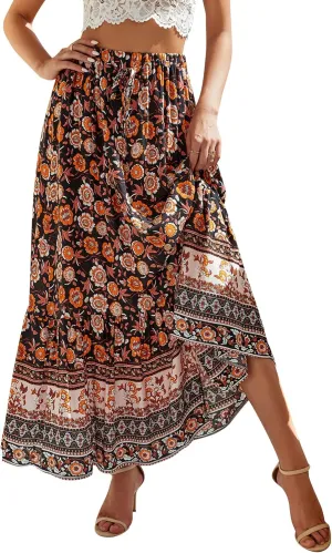 Ezcosplay Women Floral Elastic Waist Maxi Skirt Button Front Split Hem Boho Skirt