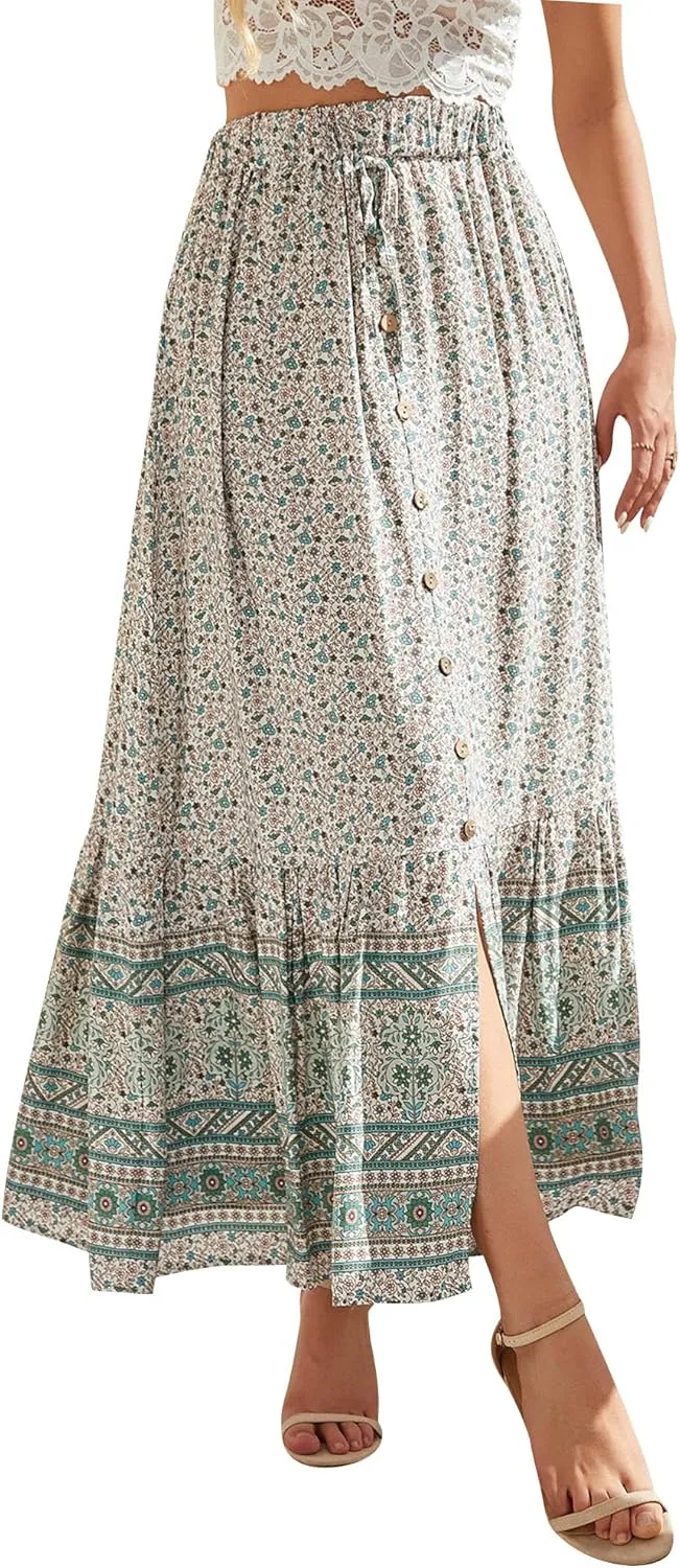 Ezcosplay Women Floral Elastic Waist Maxi Skirt Button Front Split Hem Boho Skirt
