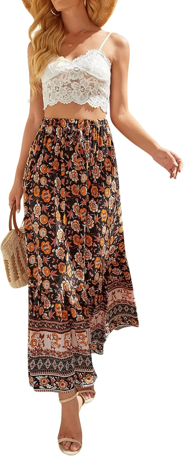 Ezcosplay Women Floral Elastic Waist Maxi Skirt Button Front Split Hem Boho Skirt