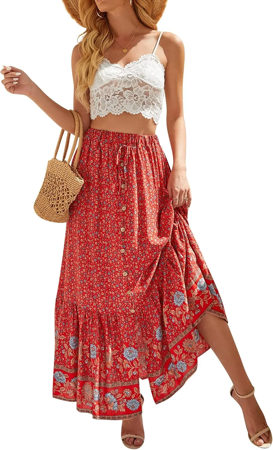 Ezcosplay Women Floral Elastic Waist Maxi Skirt Button Front Split Hem Boho Skirt