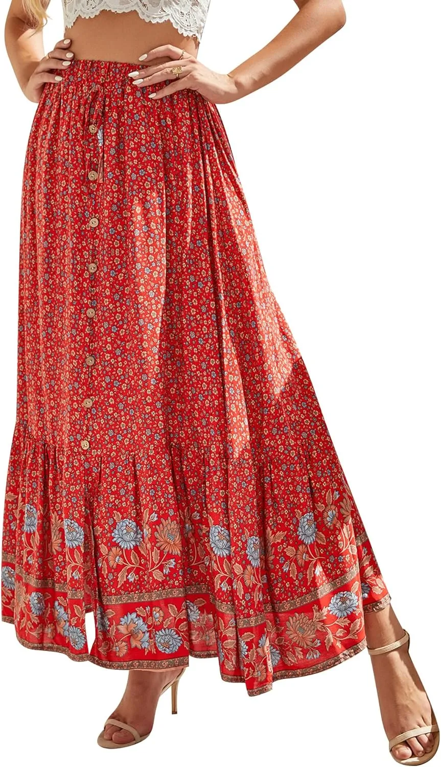 Ezcosplay Women Floral Elastic Waist Maxi Skirt Button Front Split Hem Boho Skirt