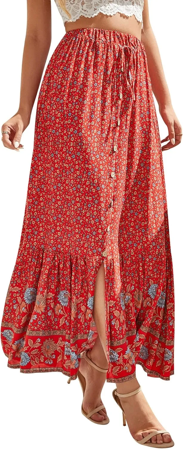 Ezcosplay Women Floral Elastic Waist Maxi Skirt Button Front Split Hem Boho Skirt