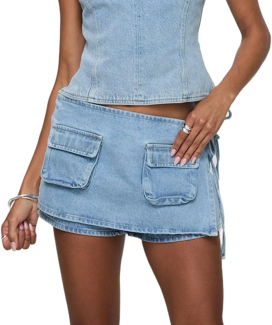 Faretumiya Women Denim Skort Low Rise Bodycon Jean Cargo Shorts Skirt Pull On Asymmetrical Skort Pocketed Wrap Skirt Shorts