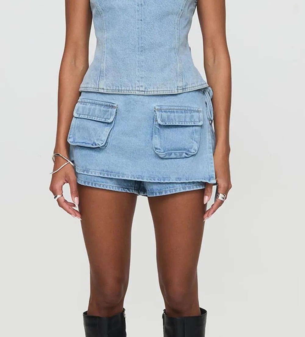 Faretumiya Women Denim Skort Low Rise Bodycon Jean Cargo Shorts Skirt Pull On Asymmetrical Skort Pocketed Wrap Skirt Shorts