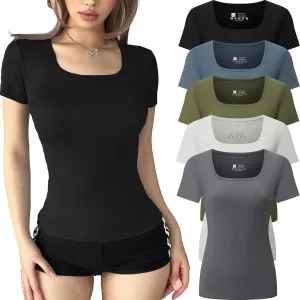 FMNNNN 5 Pack Short Sleeve for Womens Square Neck T Shirts Fashion Casual Basic Tops Tees Summer Outfits Clothes 2025