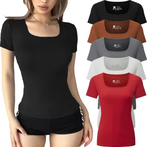 FMNNNN 5 Pack Short Sleeve for Womens Square Neck T Shirts Fashion Casual Basic Tops Tees Summer Outfits Clothes 2025