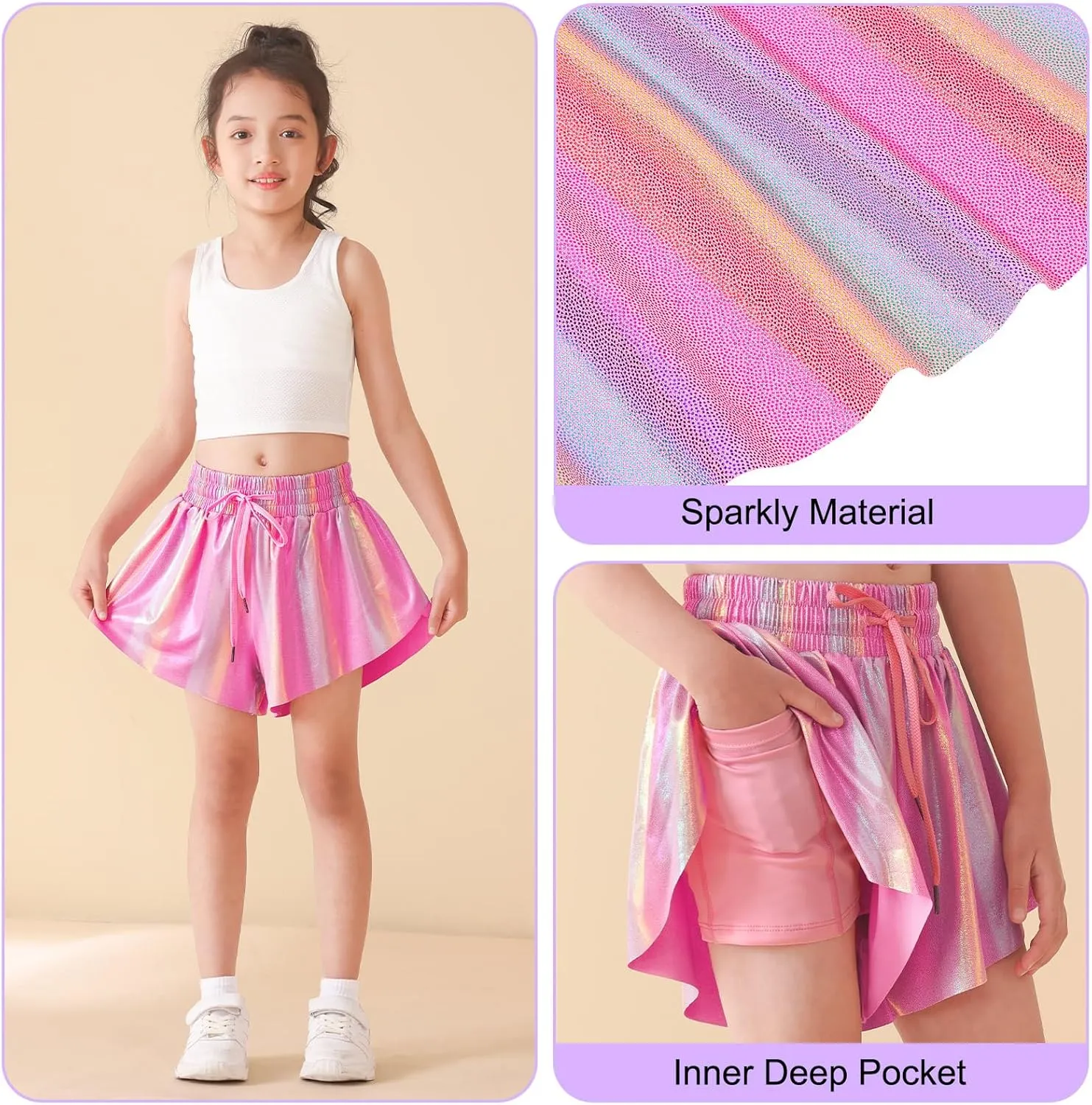 Girls Butterfly Shorts Sparkle Flowy Athletic Shorts for Girls Gym Skorts 2-in-1 Skirt for Kids Preppy Clothes