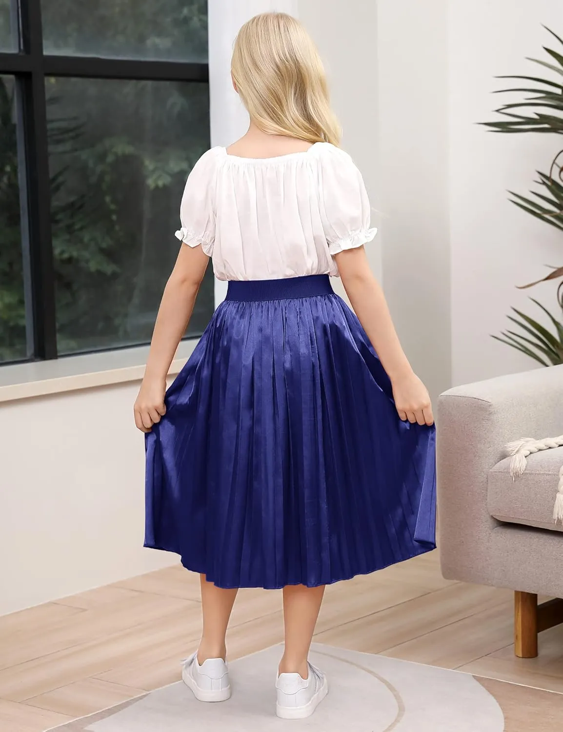 Girls Pleated Midi Skirt Elastic A-line Flared High Waist Swing Metallic Shiny Shimmer 3-12 Years