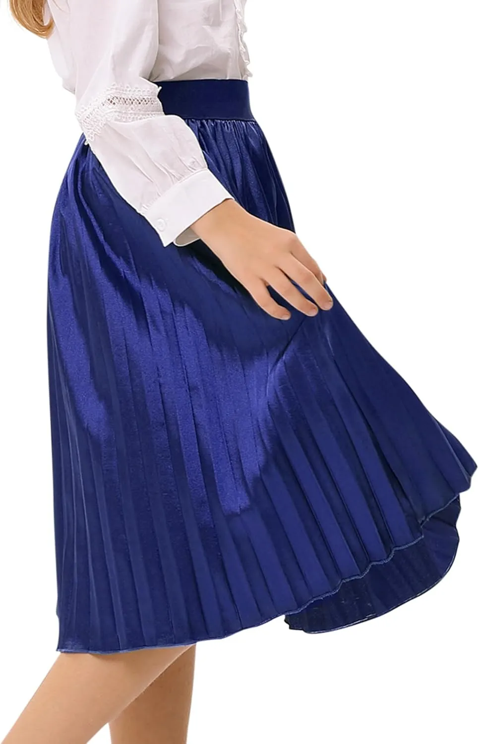 Girls Pleated Midi Skirt Elastic A-line Flared High Waist Swing Metallic Shiny Shimmer 3-12 Years
