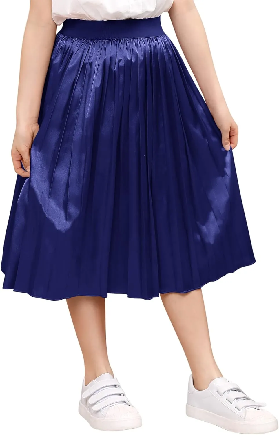 Girls Pleated Midi Skirt Elastic A-line Flared High Waist Swing Metallic Shiny Shimmer 3-12 Years