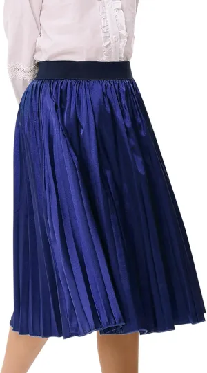 Girls Pleated Midi Skirt Elastic A-line Flared High Waist Swing Metallic Shiny Shimmer 3-12 Years