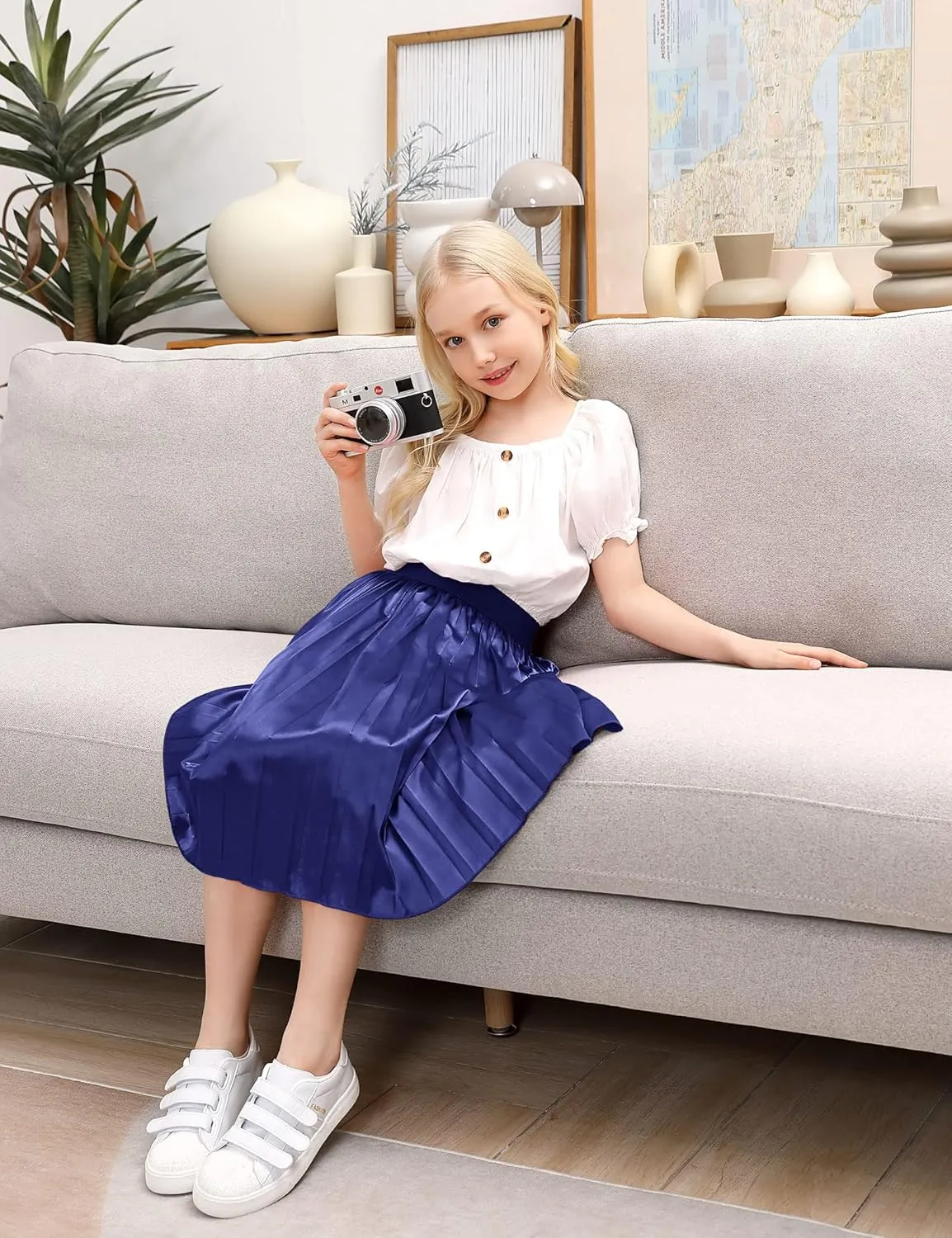 Girls Pleated Midi Skirt Elastic A-line Flared High Waist Swing Metallic Shiny Shimmer 3-12 Years