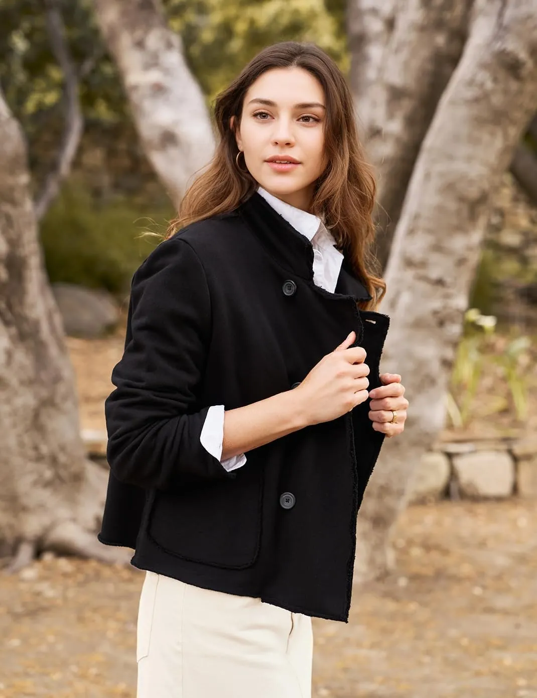 Haellun Womens Notched Peacoat Cropped Blazer Double Breasted Trench Coat Overcoat Jackets with Pockets